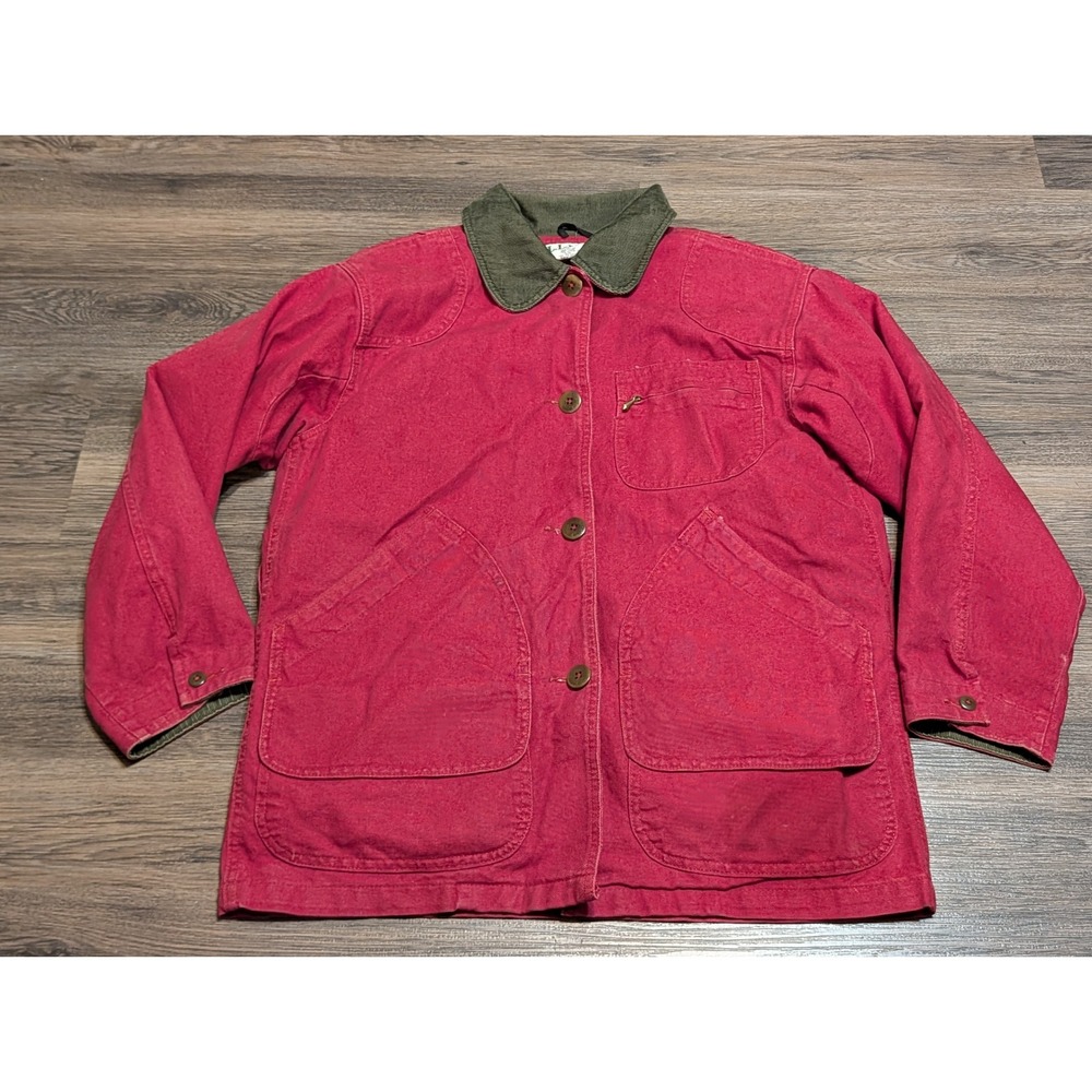 LL Bean Womens Petite S Red Canvas Barn Jacket Corduroy Collar Field Coat T539